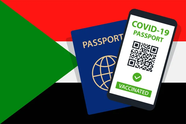 Covid Reisepass Auf Dem Hintergrund Der Sudan Flagge Geimpft Code — Stockvektor