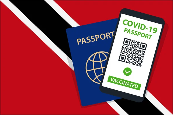 Covid Cestovní Pas Pozadí Trinidadu Tobago Flag Vakcína Kód Smartphone — Stockový vektor
