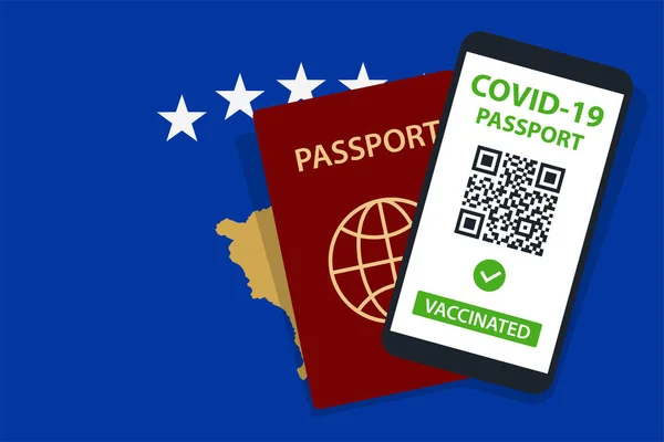 Covid Passport Kosovo Flag Background Vaccinated Code Smartphone Immune Health — Stock Vector
