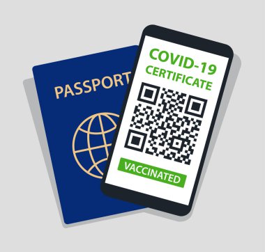 Covid-19 Smartphone sertifikası ve Gri Arkaplanda Kağıt Pasaport. Aşılandı. QR kodu. Bağışıklık Sağlığı Aşılama Belgesi. Vektör illüstrasyonu