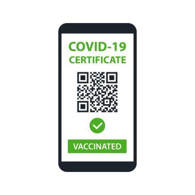Beyaz Arkaplan 'da Smartphone sertifikalı Covid-19. Aşılandı. QR kodu. Bağışıklık Sağlığı Aşılama Belgesi. Vektör illüstrasyonu