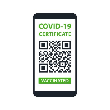 Beyaz Arkaplan 'da Smartphone sertifikalı Covid-19. Aşılandı. QR kodu. Bağışıklık Sağlığı Aşılama Belgesi. Vektör illüstrasyonu
