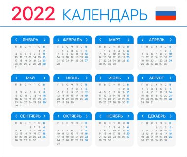 2022 takvimi - Rusça sürümü - Vektör Şablonu