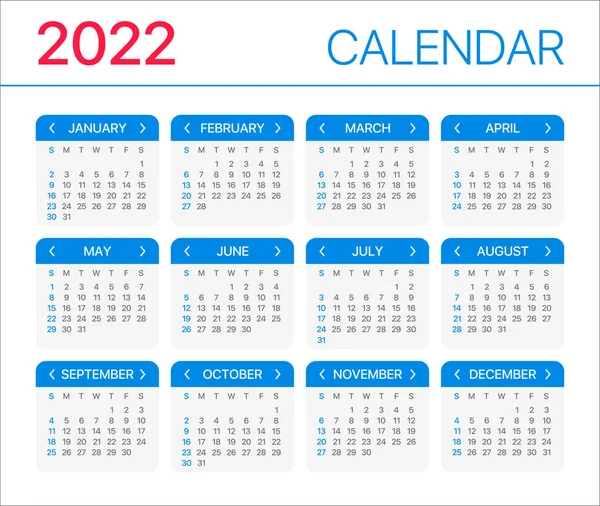 2022年カレンダー 日曜日から月曜日 ベクトルテンプレート — ストックベクタ