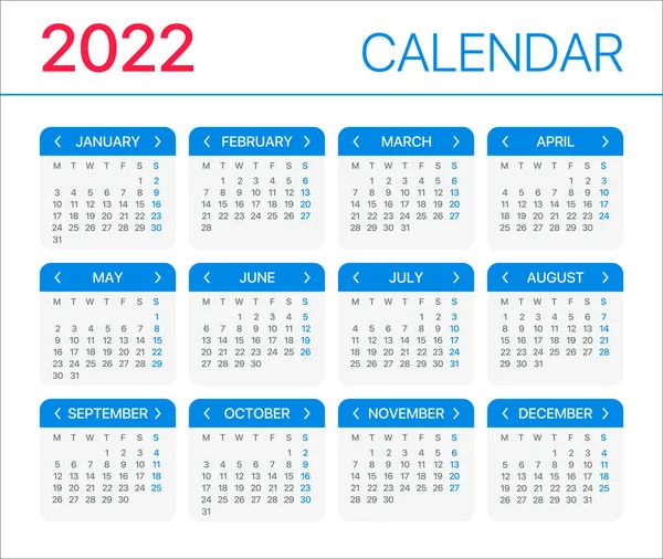 2022年カレンダー 月曜日から日曜日 ベクトルテンプレート — ストックベクタ