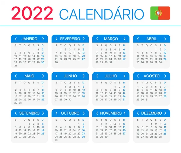 Kalendář 2022 Portugalská Verze Vektorová Šablona — Stockový vektor
