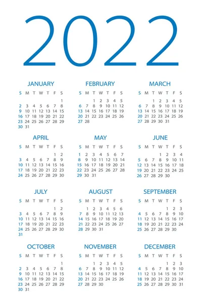 Calendario 2022 Año Ilustración Vectorial Semana Comienza Domingo — Vector de stock