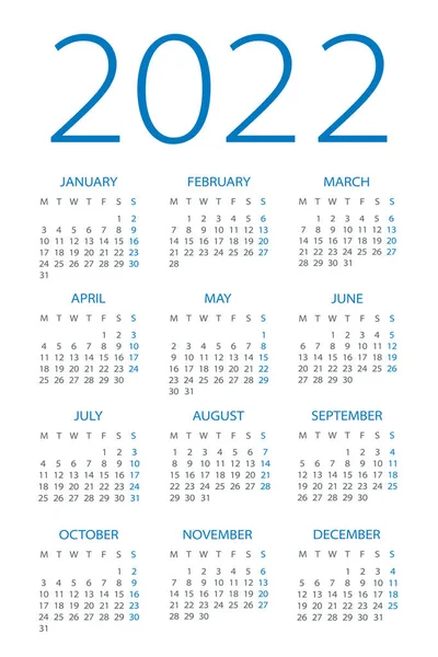 Calendar 2022 Year Vector Illustration Week Starts Monday — Wektor stockowy