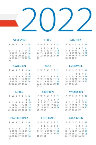 Calendario 2022 Año Ilustración Vectorial Versión Polaca — Vector de stock