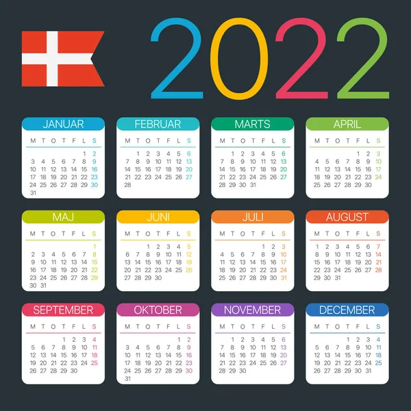 Vektorová Šablona Barevného Kalendáře 2022 Dánská Verze — Stockový vektor
