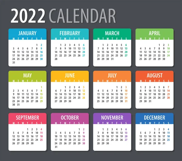 Plantilla Vectorial Color 2022 Calendario Lunes Domingo — Archivo Imágenes Vectoriales