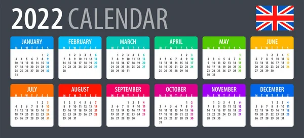 2022 Calendar English Version Vector Template — Stockvector