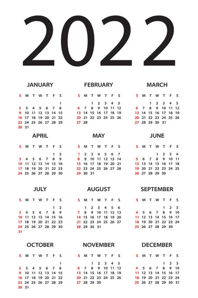 Calendar 2022 Year Vector Illustration Week Starts Sunday — Wektor stockowy