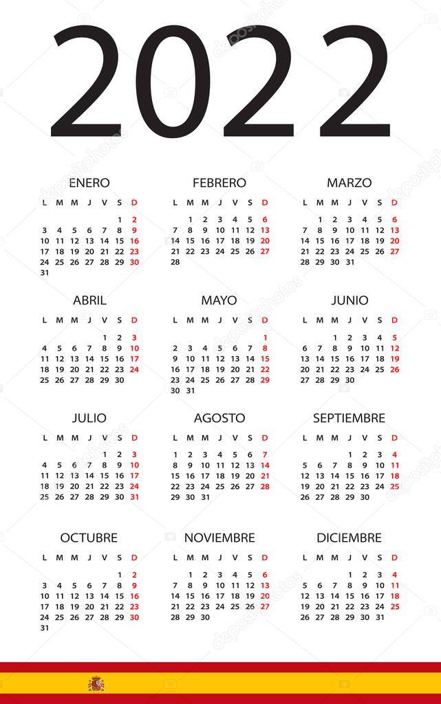 Calendar 2022 year - vector illustration. Spanish version