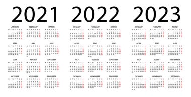 Takvim 2021, 2022, 2023 - vektör illüstrasyonu. Hafta pazartesi başlıyor. Takvim 2021, 2022, 2023 için ayarlandı