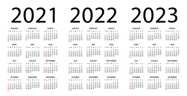 Kalendarz 2021 2022 2023 Rok Ilustracja Wektorowa Tydzień Zaczyna Się — Wektor stockowy