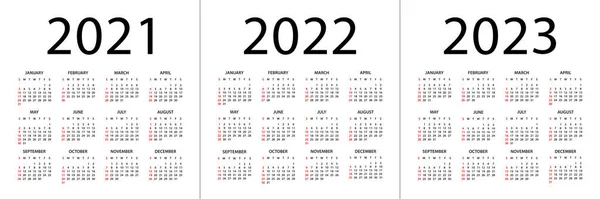 Календарь 2021 2022 2023 Года Векторная Иллюстрация Неделя Начинается Воскресенье — стоковый вектор
