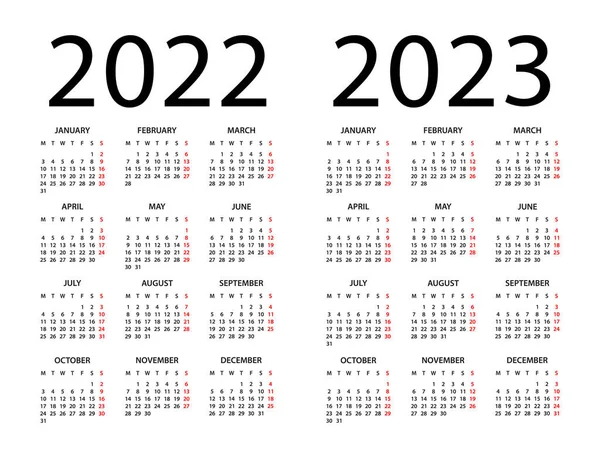 Kalender 2021 2022 2023 Jaar Vector Illustratie Week Begint Maandag — Stockvector