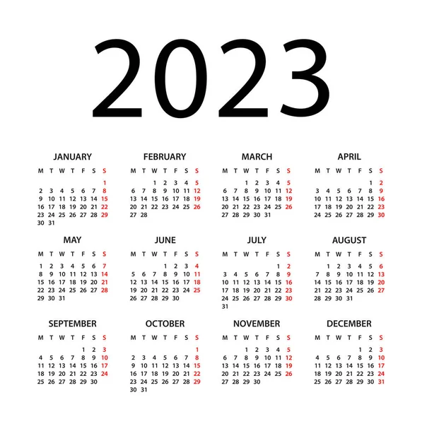 カレンダー2023年 ベクターイラスト 週は月曜日に始まります カレンダー2023年の設定 — ストックベクタ