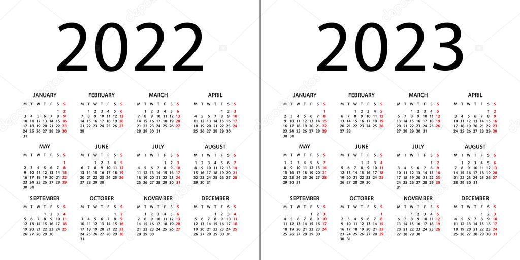 Calendar 2022, 2023 year - vector illustration. Week starts on Monday. Calendar Set for 2022, 2023 years