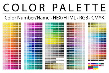 Renk Paleti. Deneme Sayfasını Yazdır. Renk Tablosu. Renkli Numaralar ya da İsimler. RGB, CMYK, HTML kodları. Vektör renk paleti. - Resim.