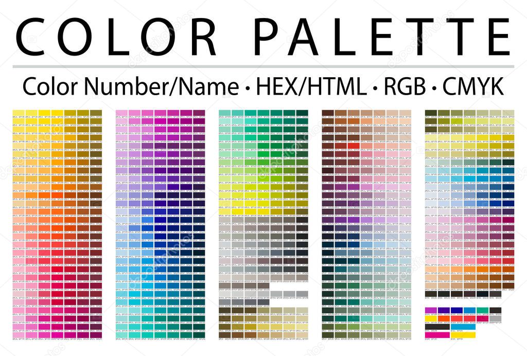 Color Palette. Print Test Page. Color Chart Table. Color Numbers or Names. RGB, CMYK, HEX HTML codes. Vector color palette. - illustration