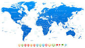 Modré ikony mapa světa a navigace - ilustrace