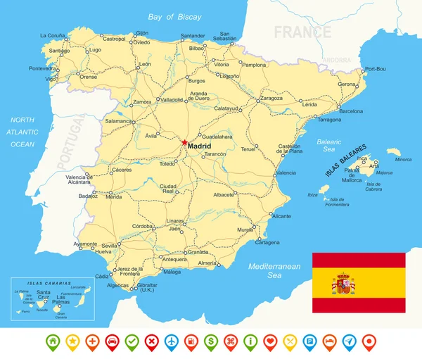 Espanha - mapa, bandeira, ícones de navegação, estradas, rios - ilustração —  Vetores de Stock