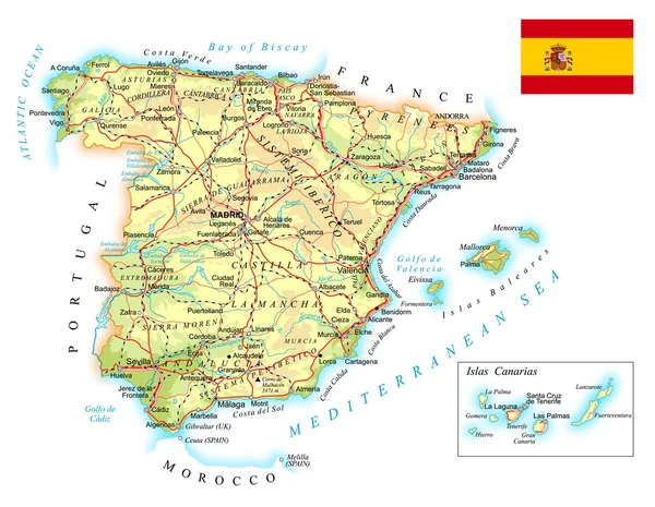 西班牙-详细的地形图-图解 — 图库矢量图片