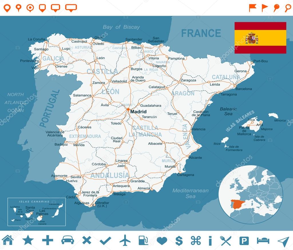 Spain - map, flag, navigation labels, roads - illustration