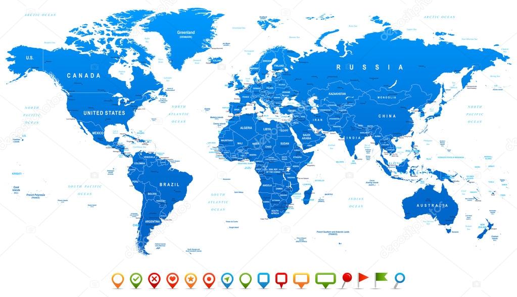 Blue World Map and navigation icons - illustration