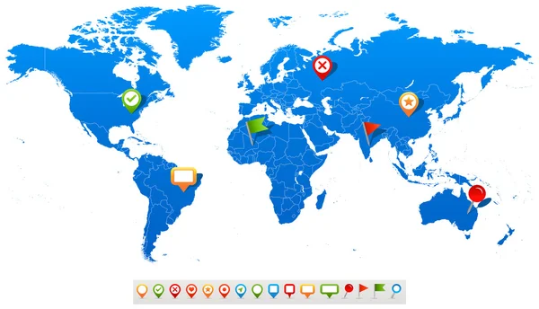 Mapa del mundo e iconos de navegación - ilustración — Vector de stock