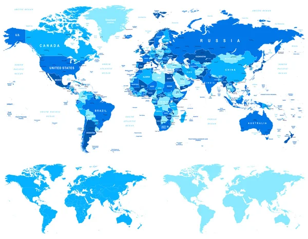 Carte du monde bleue - frontières, pays et villes - illustration — Image vectorielle