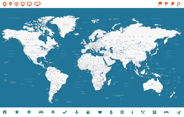 Stahlblaue Weltkarte und Navigationssymbole - Illustration — Stockvektor