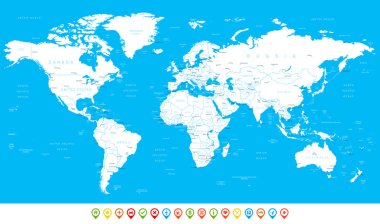 Beyaz dünya harita ve navigasyon simgeler - illüstrasyon