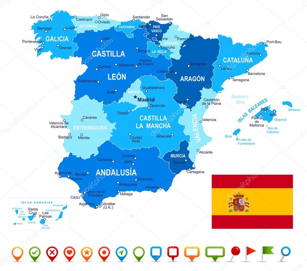 Spain - map, flag and navigation icons - illustration