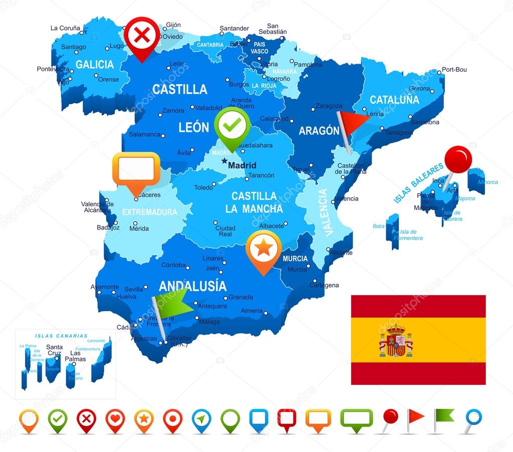 Spain map 3D, flag and navigation icons - illustration