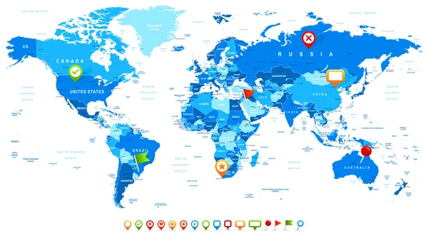 Mapa del mundo e iconos de navegación - ilustración — Vector de stock