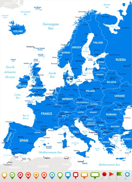 Europa - icone della mappa e della navigazione - illustrazione — Vettoriale Stock