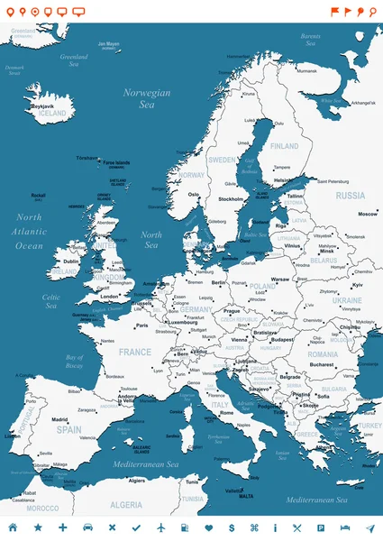 Europa - mapas y etiquetas de navegación - ilustración — Archivo Imágenes Vectoriales