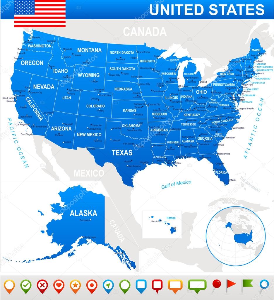 United States (USA) - map, flag and navigation icons - illustration.