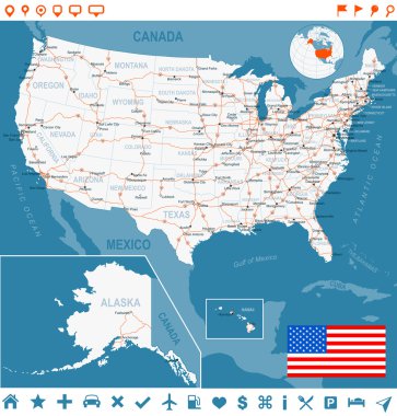 Amerika Birleşik Devletleri (ABD) - harita, bayrak, gezinti etiketlerini, yollar - illüstrasyon.