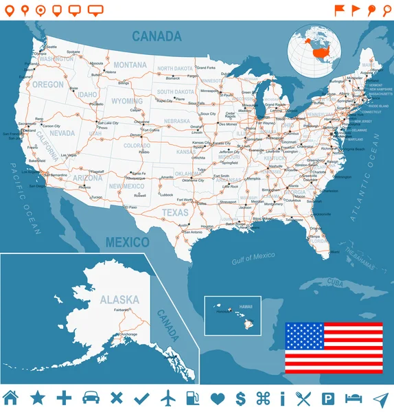 Estados Unidos (EUA) - mapa, bandeira, etiquetas de navegação, estradas - ilustração . —  Vetores de Stock