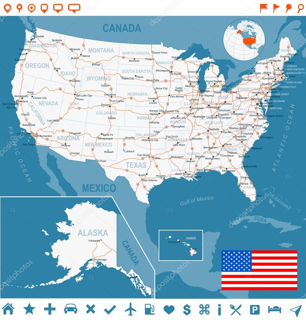 United States (USA) - map, flag, navigation labels, roads - illustration.