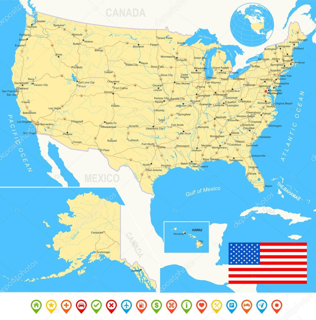 United States (USA) - map, flag, navigation icons, roads, rivers - illustration.