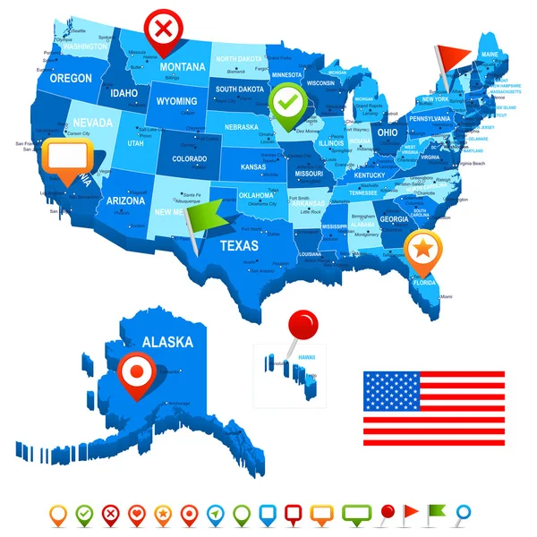 Unite States (EUA) Ícones 3D, bandeira e navegação - ilustração . — Vetor de Stock