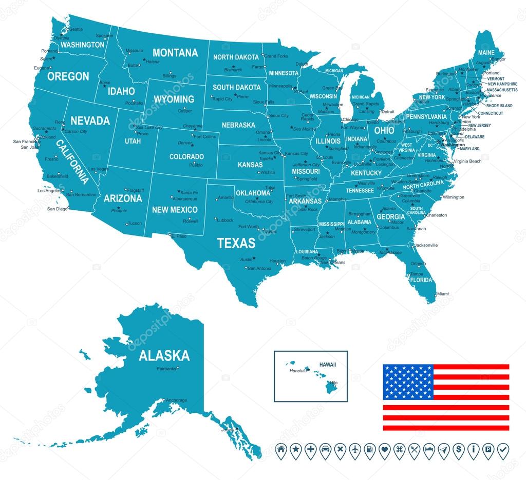 United States (USA) - map, flag and navigation labels - illustration.