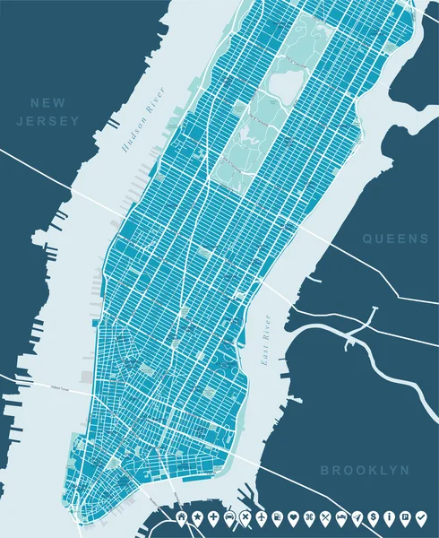 Νέα Υόρκη χάρτη - κάτω και μέσα του Μανχάταν. — Διανυσματικό Αρχείο