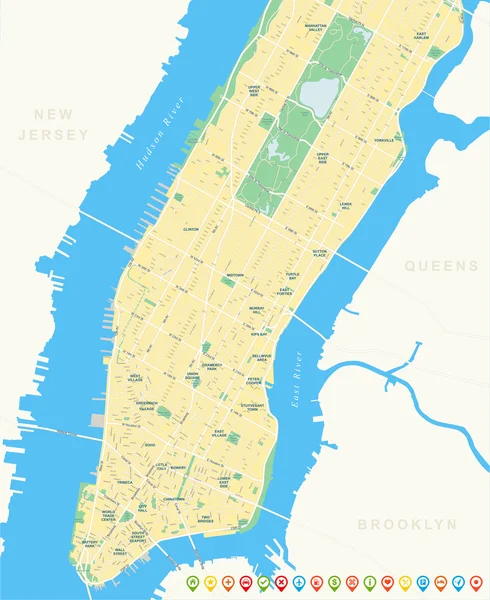 Mapa de Nueva York - Lower and Mid Manhattan . — Archivo Imágenes Vectoriales