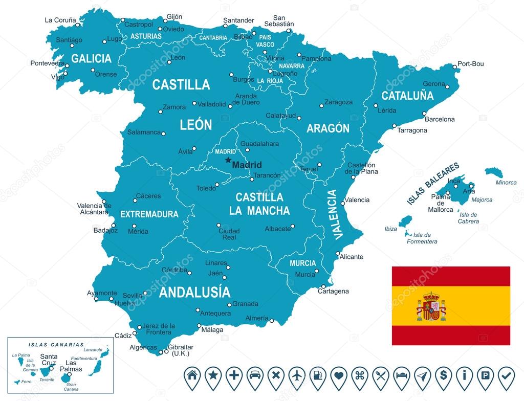 Spain map - map, flag and navigation labels - illustration.